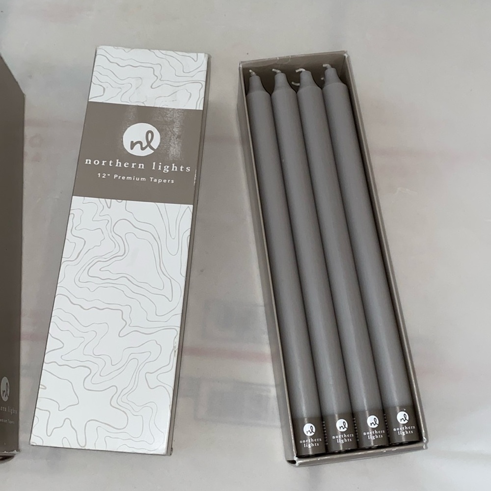 12” tapered candles by “Northern Lights”. Never used. Box of 12 ct stone color